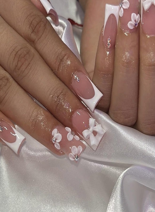 CTTHNBD Medium Press on Nails Square Fake Nails White French Tip with Floral Bow Design Glue on Glossy Acrylic Full Cover Stick on False Nails for Women 24Pcs - Image 1